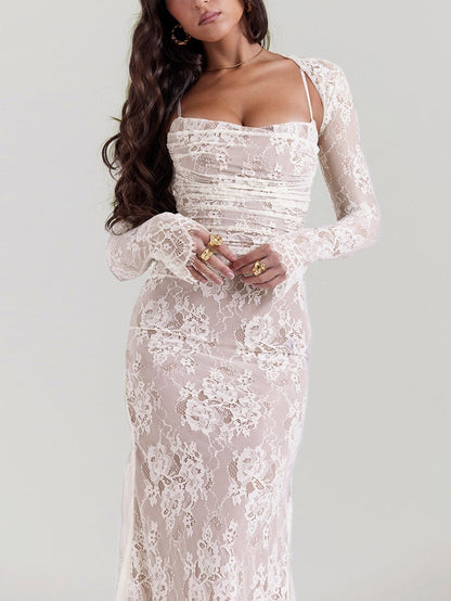 Sexy Shrug Ruched Lace Maxi Fishtail Dress