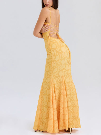 Lace Jacquard Tie-wrap Backless Maxi Dresses