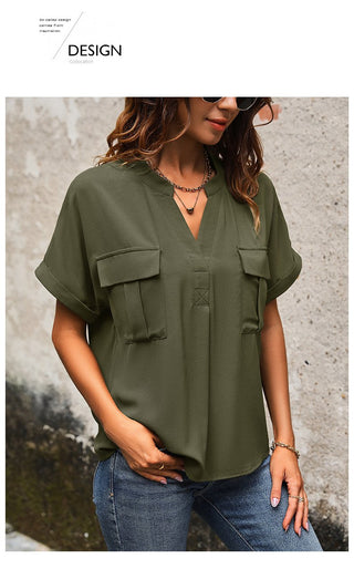 Solid Color V-neck Pocket Short-sleeved Shirt 22982116