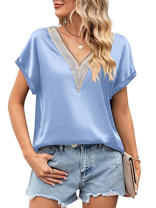 V-neck Lace Satin Short-sleeved Shirt 32097841