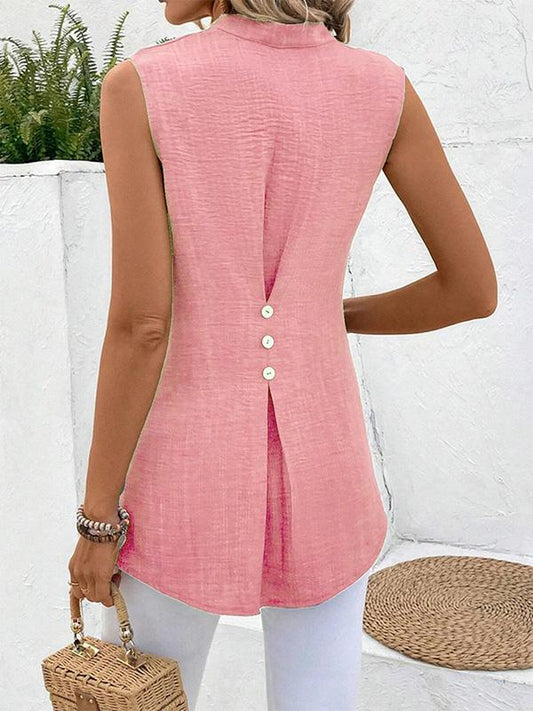 V-neck Sleeveless Solid Button Top