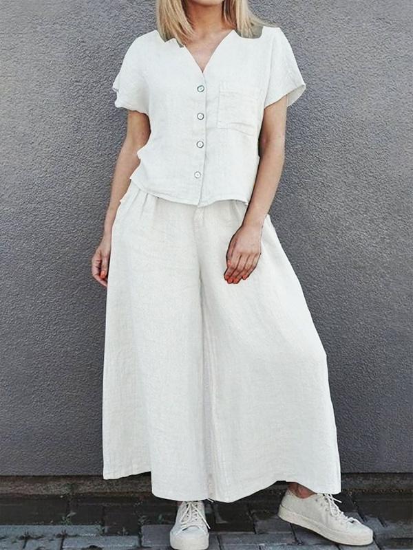 Cotton and Linen Solid Color Short-sleeved Shirt Top and Wide-leg Pants Suit