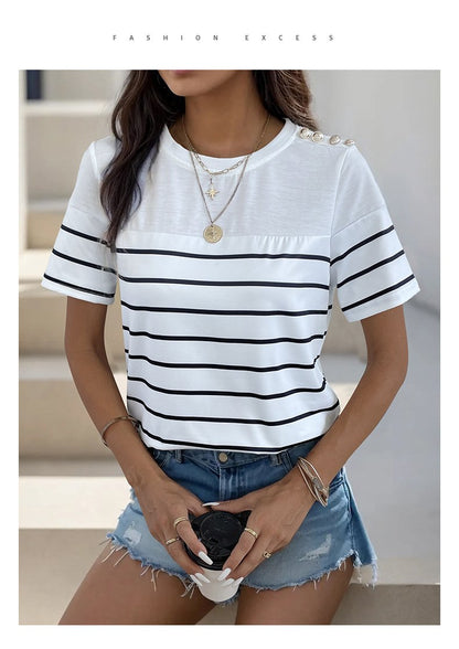 Women's Knitted Striped Button Round Neck Short Sleeve T-Shirt 26924936YM