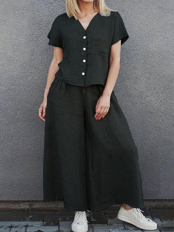 Cotton and Linen Solid Color Short-sleeved Shirt Top and Wide-leg Pants Suit