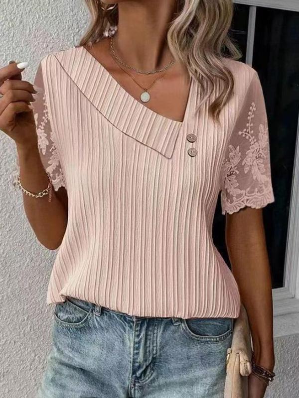 Slant Collar Solid Color Lace Sleeves Short Sleeve T-shirt