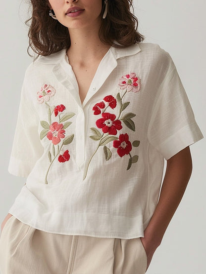 V-neck Embroidered Flower Short-sleeved Shirt