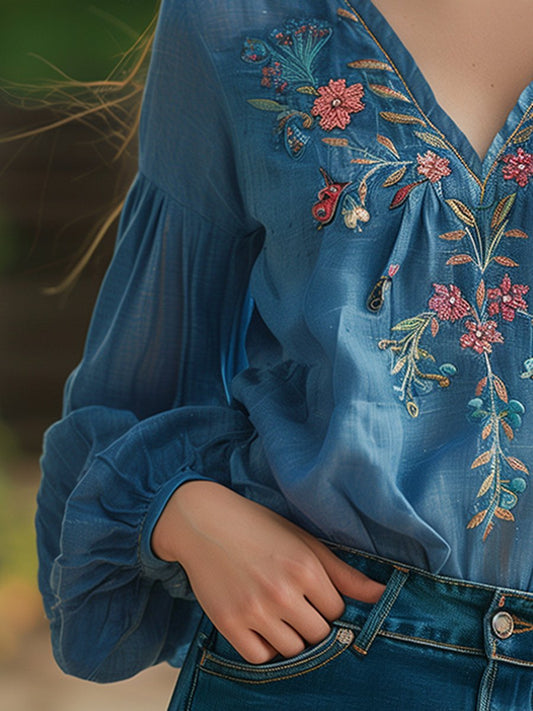 Cotton and Linen Embroidered V-Neck Long Sleeve Shirt