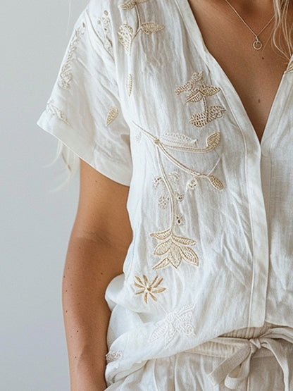 Cotton and Linen Embroidered V-Neck Short Sleeve Shirt