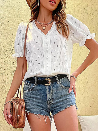 Women's V-neck Lace White Hollow Pullover Shirt 48246765YM