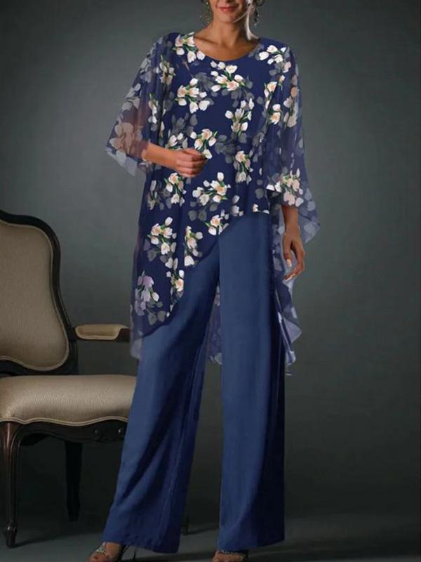 Printed Loose Chiffon Mid-sleeve Round Neck Casual Wide-leg Pants Suit