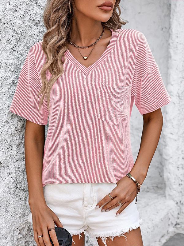 V-neck Twisted Strip Color-blocked Loose Short-sleeved T-shirt