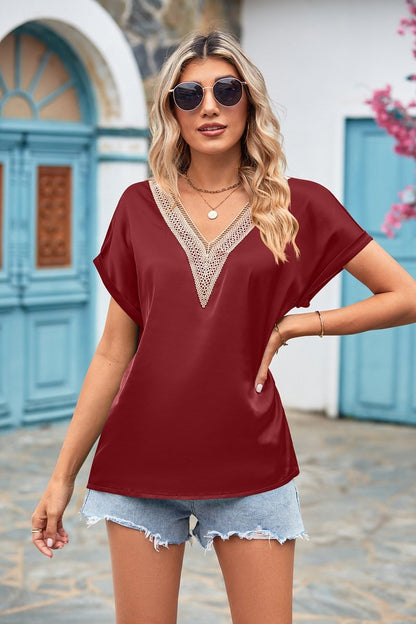 V-neck Lace Satin Short-sleeved Shirt 32097841