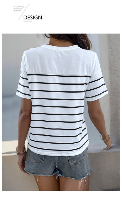 Women's Knitted Striped Button Round Neck Short Sleeve T-Shirt 26924936YM