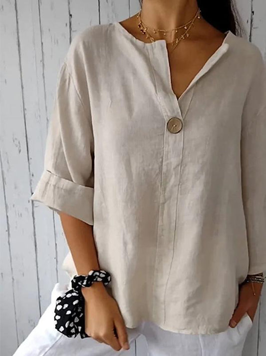 V-neck Cotton and Linen Buttoned Loose T-shirt