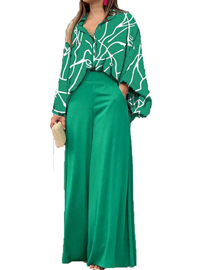 Loose Casual Printed Shirt and Wide-leg Pants Two-piece Set 51096975