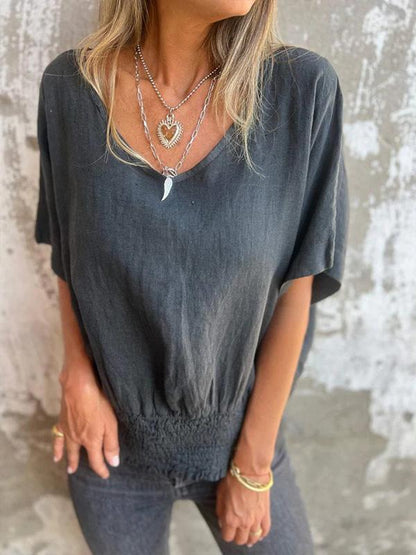 Loose V-neck Casual Cotton and Linen Top