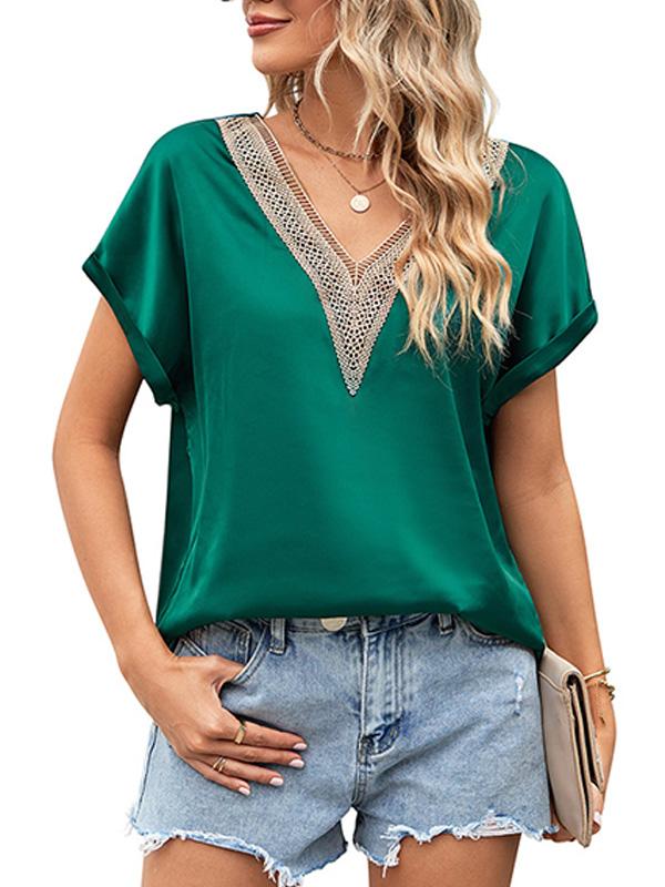 V-neck Lace Satin Short-sleeved Shirt 32097841