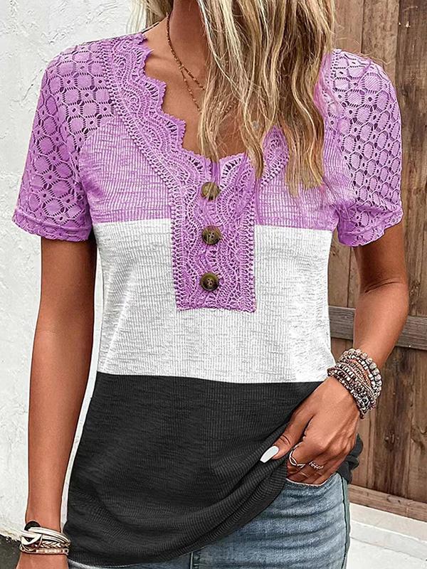 Lace Panel V-neck Short-sleeved T-shirt