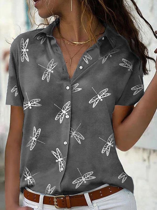 Dragonfly and Floral Print Short-sleeved Shirt