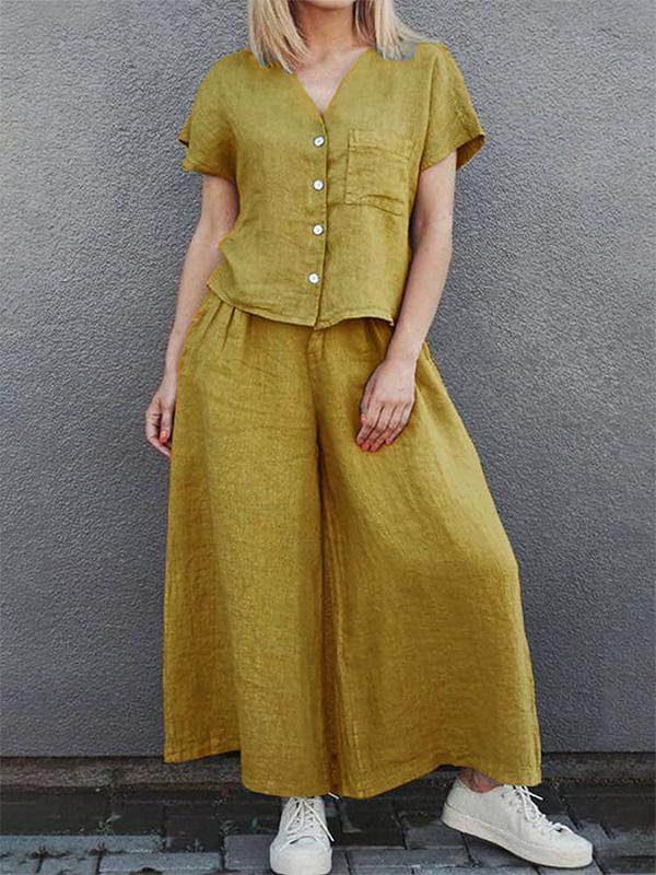 Cotton and Linen Solid Color Short-sleeved Shirt Top and Wide-leg Pants Suit