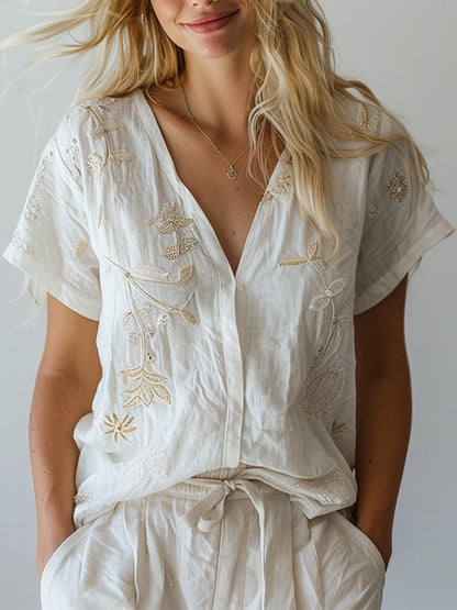 Cotton and Linen Embroidered V-Neck Short Sleeve Shirt