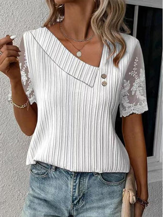 Slant Collar Solid Color Lace Sleeves Short Sleeve T-shirt