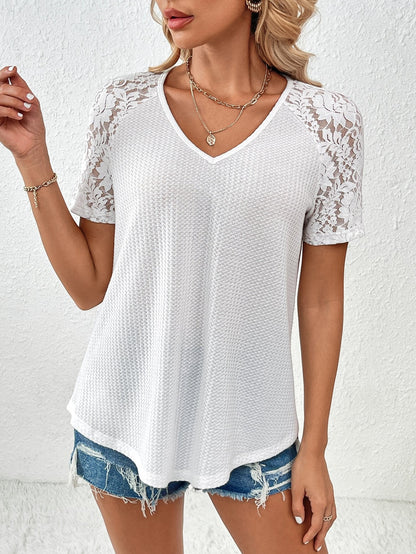 Hollow Lace Patchwork V-neck Loose T-shirt