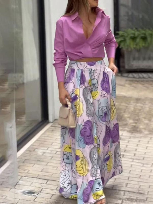 Casual Shirt and Printed Wide-leg Pants Set