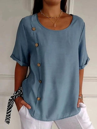 Cotton and Linen Round Neck Elbow Sleeve Button Top