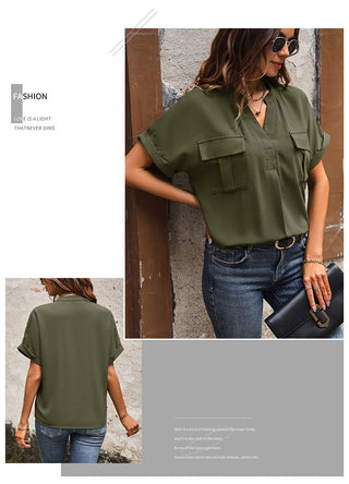 Solid Color V-neck Pocket Short-sleeved Shirt 22982116