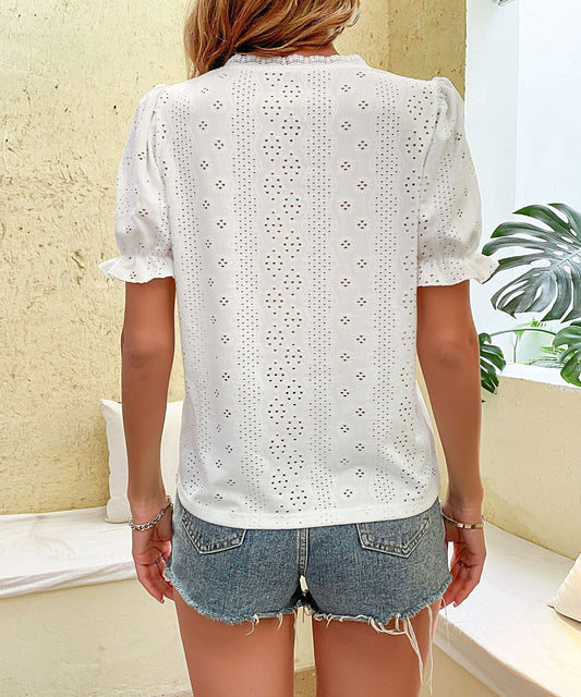 Women's V-neck Lace White Hollow Pullover Shirt 48246765YM