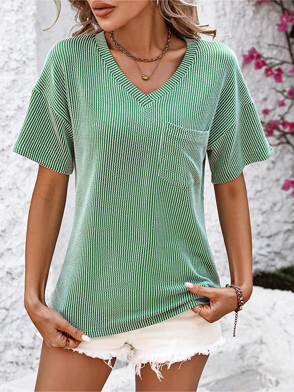 V-neck Twisted Strip Color-blocked Loose Short-sleeved T-shirt