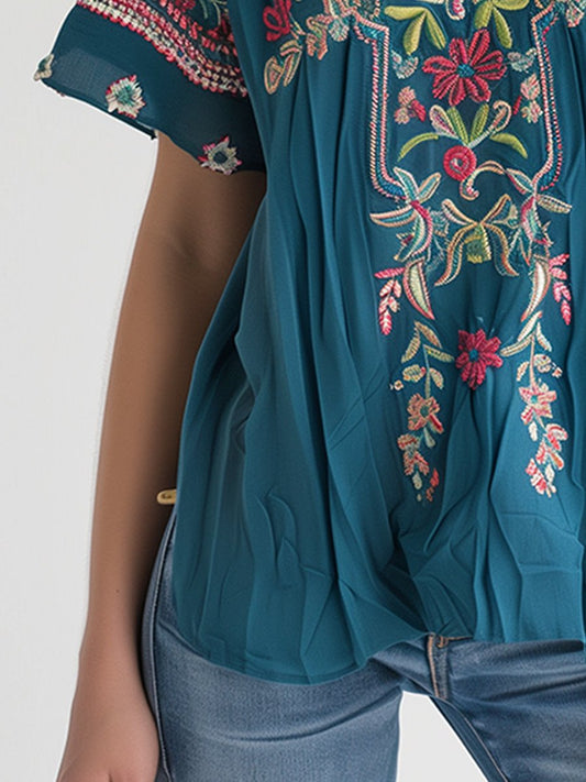 Embroidered V-neck Cotton and Linen Short-sleeved Top