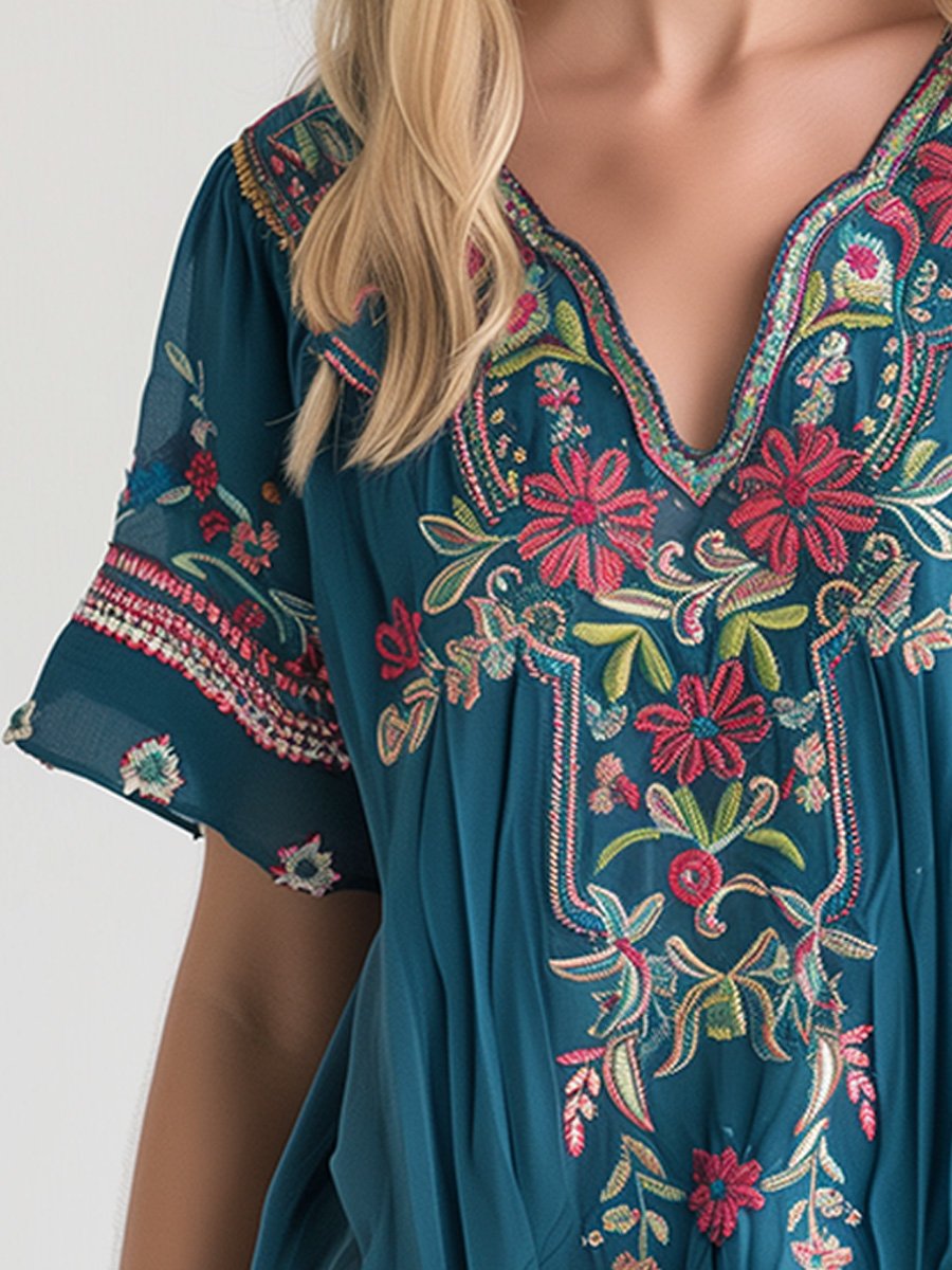 Embroidered V-neck Cotton and Linen Short-sleeved Top