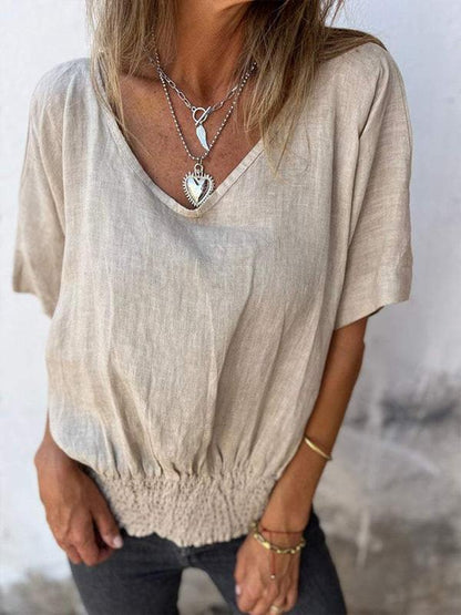 Loose V-neck Casual Cotton and Linen Top