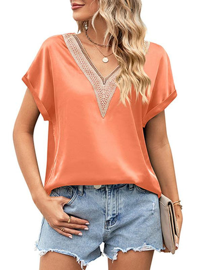 V-neck Lace Satin Short-sleeved Shirt 32097841