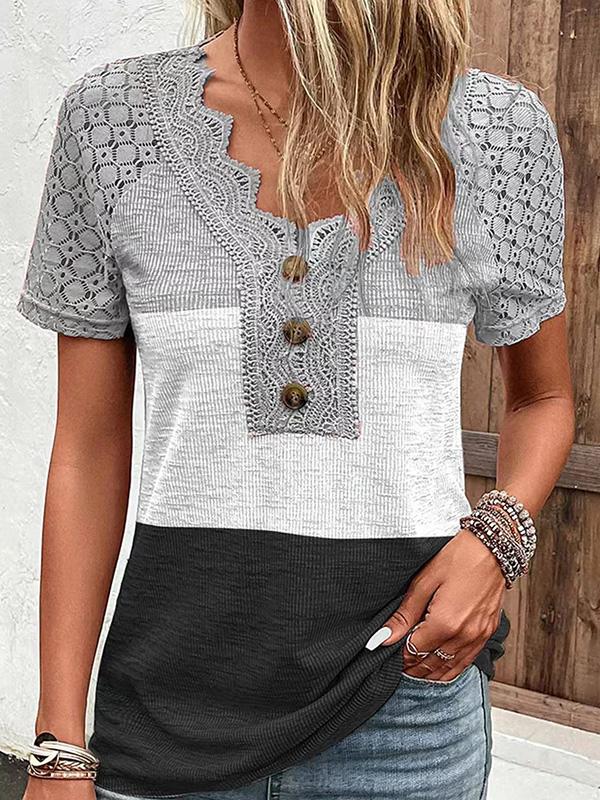 Lace Panel V-neck Short-sleeved T-shirt