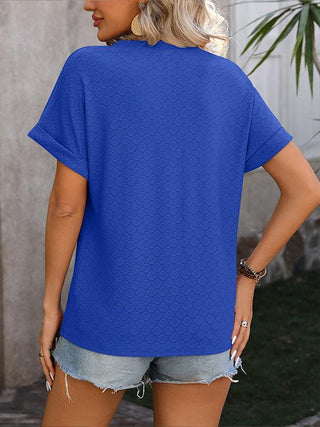 V-neck Button-down Solid Color Short-sleeved T-shirt 01225824