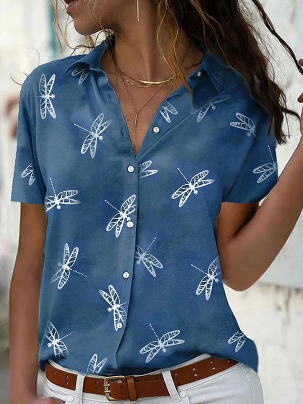 Dragonfly and Floral Print Short-sleeved Shirt