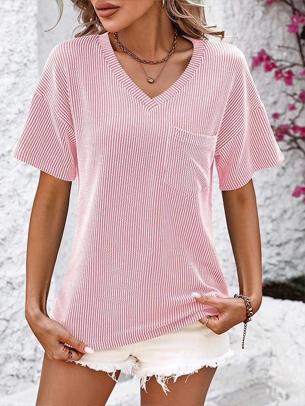 V-neck Twisted Strip Color-blocked Loose Short-sleeved T-shirt