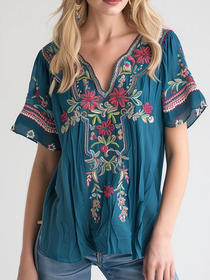 Embroidered V-neck Cotton and Linen Short-sleeved Top