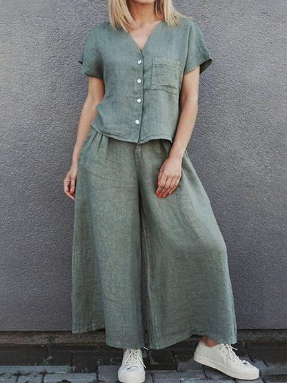 Cotton and Linen Solid Color Short-sleeved Shirt Top and Wide-leg Pants Suit