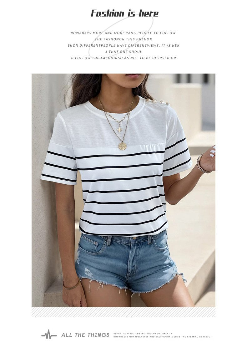 Women's Knitted Striped Button Round Neck Short Sleeve T-Shirt 26924936YM