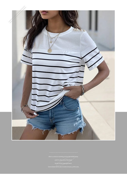 Women's Knitted Striped Button Round Neck Short Sleeve T-Shirt 26924936YM