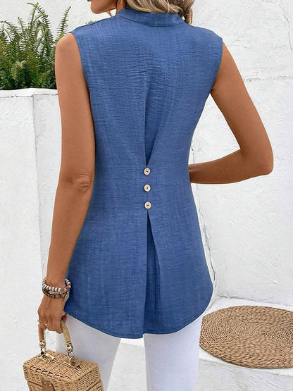 V-neck Sleeveless Solid Button Top