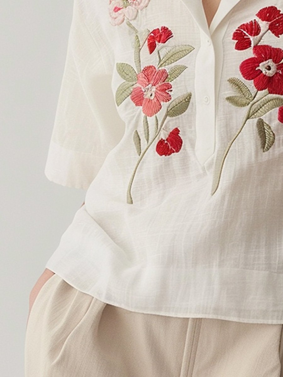 V-neck Embroidered Flower Short-sleeved Shirt