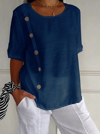 Cotton and Linen Round Neck Elbow Sleeve Button Top