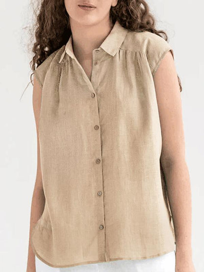 Cotton and Linen Simple Casual Sleeveless Solid Color Shirt