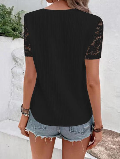 V neck Hollow-out lace Patchwork Shirt