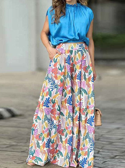 Simple Commuting High Waist Printed Wide Leg Pants Suit